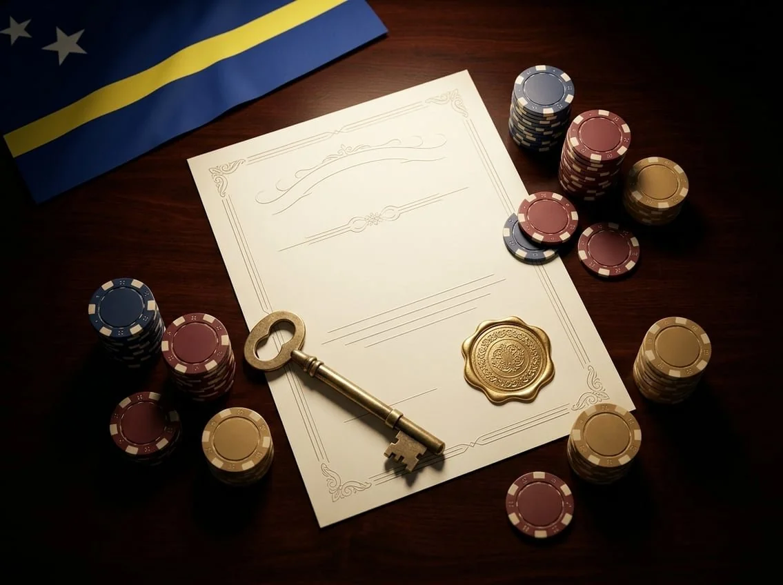 Editorial illustration: parchment licence with gold wax seal, casino chips, and a Curaçao flag element