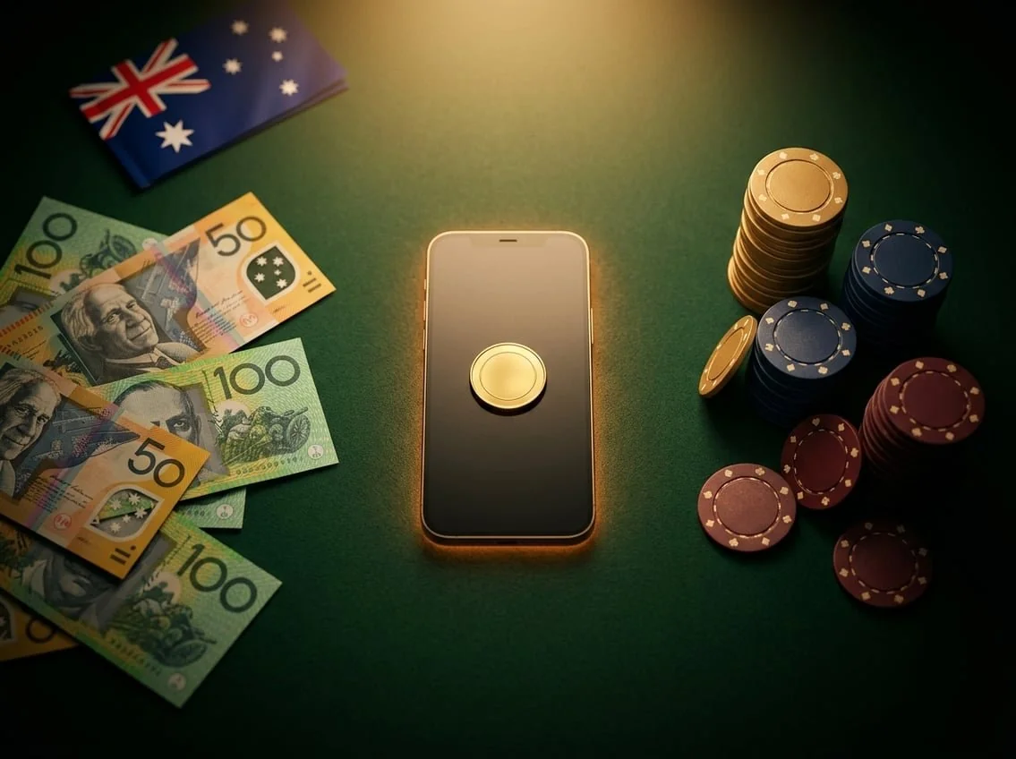 Editorial illustration: Australian banknotes, a smartphone with a warm glow, and casino chips on a green felt table