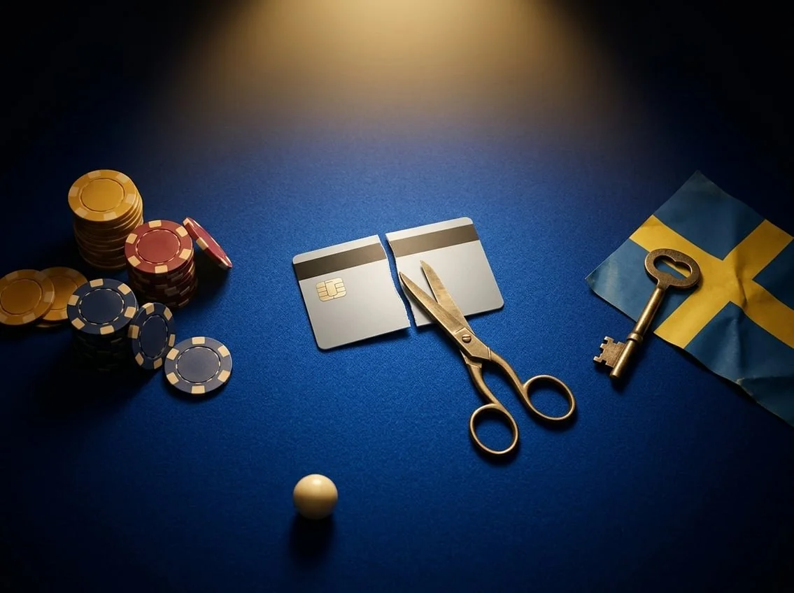 Editorial illustration: a credit card cut in half, casino chips, and a Swedish flag element on a blue felt surface