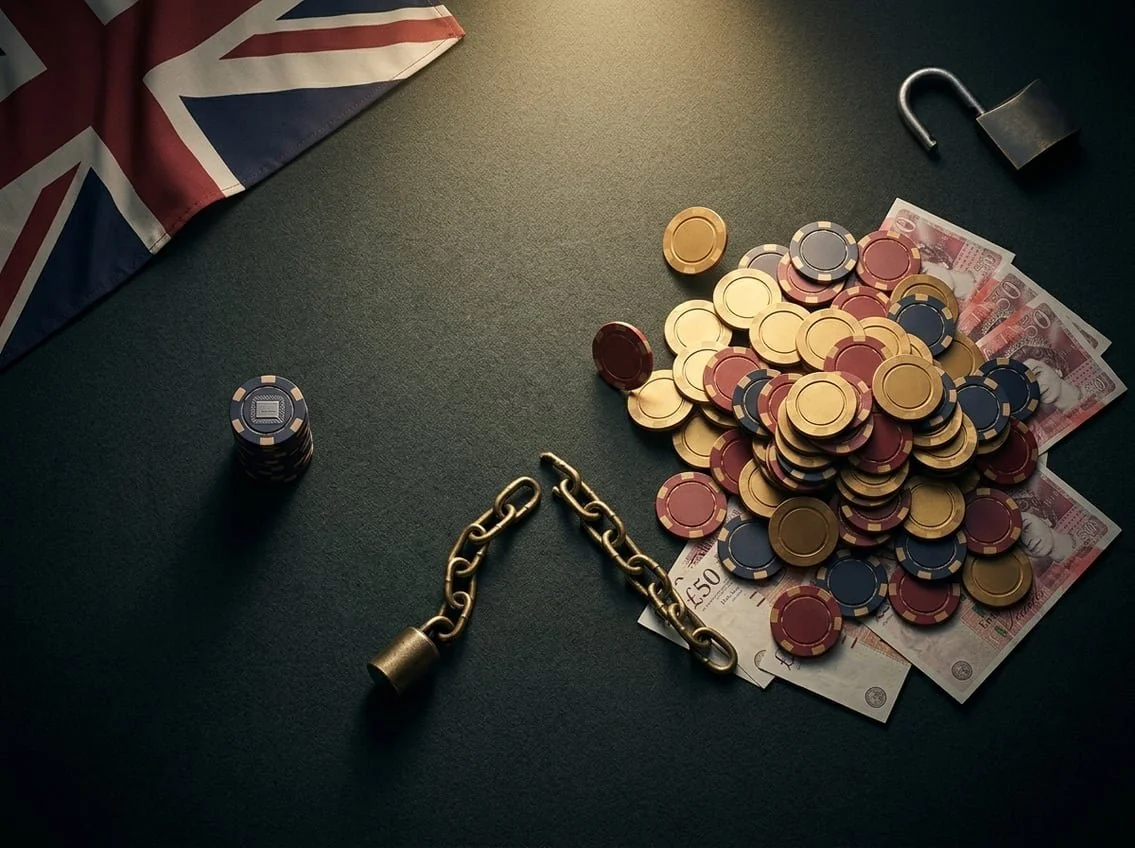 Editorial illustration: a small stack of casino chips beside a much larger spilling pile, a broken chain between them, and a Union Jack
