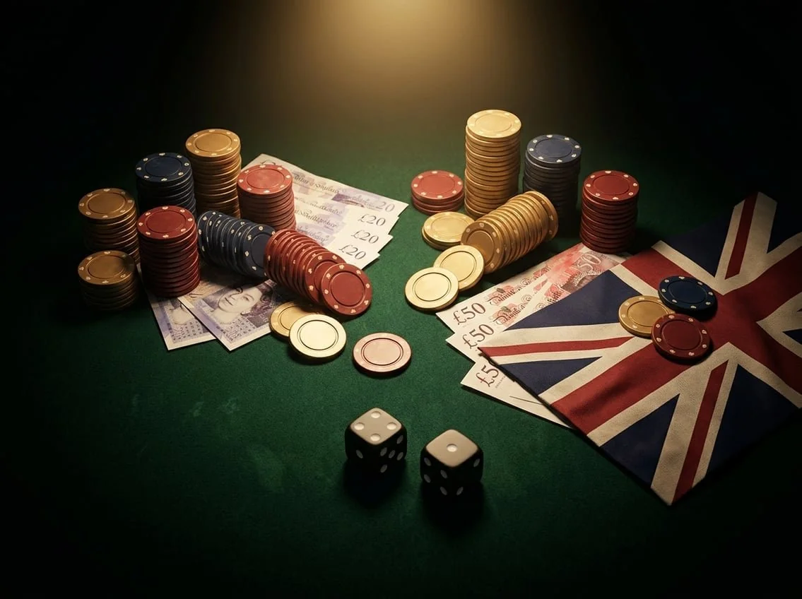 Editorial illustration for the UK Remote Gaming Duty article: casino chips, British pound notes, and a Union Jack on a green felt table